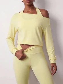 Zivah Women's 3pcs Pale Yellow Solid Cropped Halter Tank Top & Leggings Sportswear Set Gym Workout Activewear Outfit For Autumn - Yellow - View 5