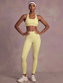 Zivah Women's 3pcs Pale Yellow Solid Cropped Halter Tank Top & Leggings Sportswear Set Gym Workout Activewear Outfit For Autumn - Yellow - View 10