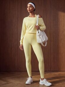 Zivah Women's 3pcs Pale Yellow Solid Cropped Halter Tank Top & Leggings Sportswear Set Gym Workout Activewear Outfit For Autumn - Yellow - View 8
