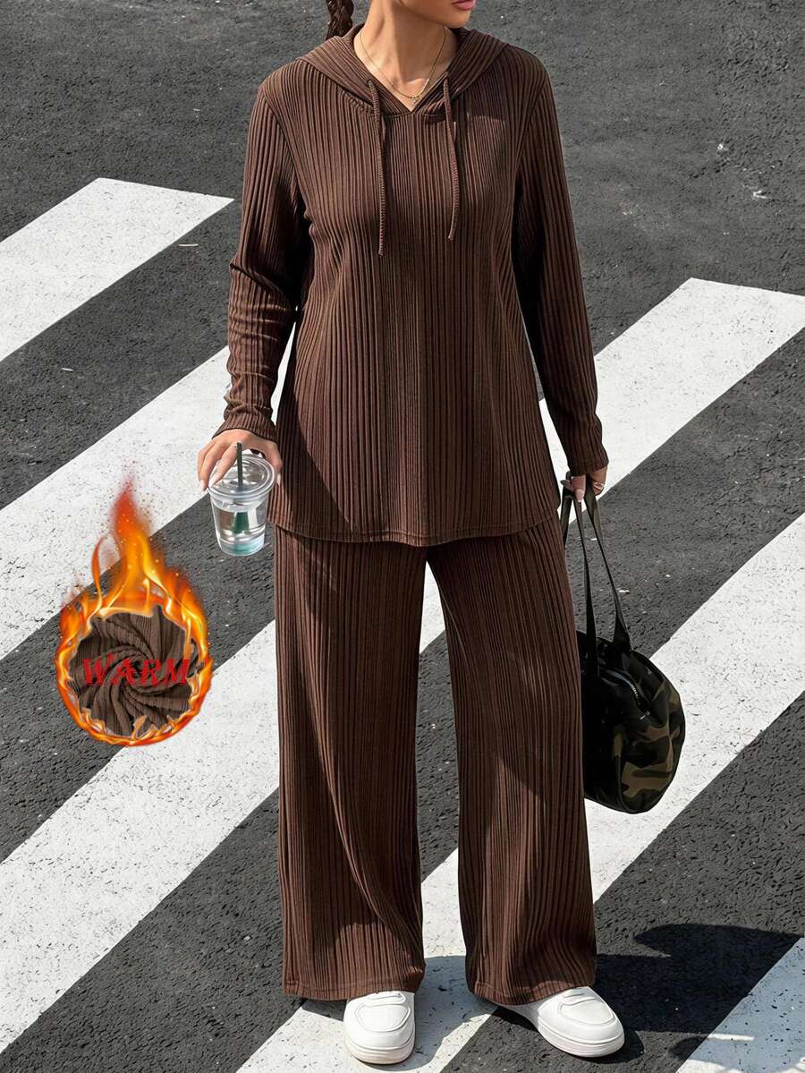 Easowa Curve Plus Size Autumn/Winter Casual Solid Color Hoodie & Pants 2 Pieces Set - Coffee Brown - View 1