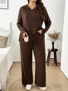 Easowa Curve Plus Size Autumn/Winter Casual Solid Color Hoodie & Pants 2 Pieces Set - Coffee Brown - View 4