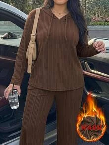 Easowa Curve Plus Size Autumn/Winter Casual Solid Color Hoodie & Pants 2 Pieces Set - Coffee Brown - View 9