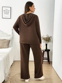 Easowa Curve Plus Size Autumn/Winter Casual Solid Color Hoodie & Pants 2 Pieces Set - Coffee Brown - View 2