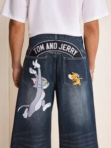 TOM & JERRY X SHEIN Men's Casual Washed Cartoon Print Denim Jeans - Dark Wash - View 1