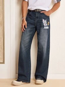 TOM & JERRY X SHEIN Men's Casual Washed Cartoon Print Denim Jeans - Dark Wash - View 2