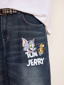 TOM & JERRY X SHEIN Men's Casual Washed Cartoon Print Denim Jeans - Dark Wash - View 7