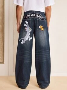 TOM & JERRY X SHEIN Men's Casual Washed Cartoon Print Denim Jeans - Dark Wash - View 3