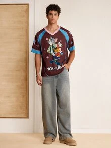 TOM & JERRY X SHEIN Men's Cartoon Print Contrast Color Short Sleeve T-Shirt - Brown - View 5