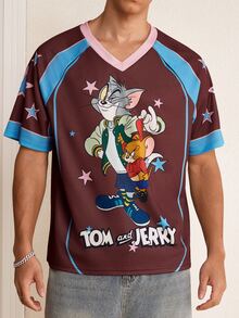 TOM & JERRY X SHEIN Men's Cartoon Print Contrast Color Short Sleeve T-Shirt - Brown - View 3
