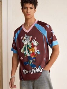 TOM & JERRY X SHEIN Men's Cartoon Print Contrast Color Short Sleeve T-Shirt - Brown - View 6