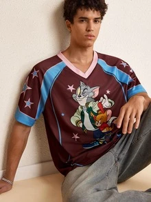 TOM & JERRY X SHEIN Men's Cartoon Print Contrast Color Short Sleeve T-Shirt - Brown - View 1