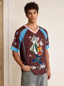 TOM & JERRY X SHEIN Men's Cartoon Print Contrast Color Short Sleeve T-Shirt - Brown - View 4