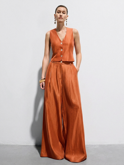 Aveloria Modichic Yellow-Green Olive Color Scheme Silky Satin Sheen Sleeveless Slim Fit Vest With High-Waisted Wide Leg Pants Suit 2 Pieces Set, Metal Decorative Buckle, Casual Elegant Sophisticated Commute Minimalist Vacation Versatile