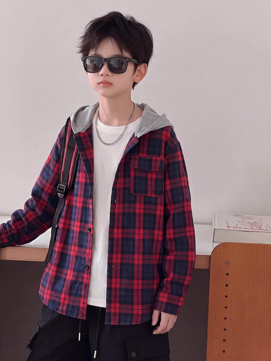 SHEIN 兒童青少年男孩休閒柔軟舒適紅色格紋長袖連帽襯衫，基礎上衣，適合秋冬、聖誕節、萬聖節、學校、家庭聚會、度假、派對，秋季穿搭，冬季穿搭