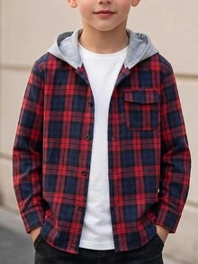 SHEIN 兒童青少年男孩休閒柔軟舒適紅色格紋長袖連帽襯衫，基礎上衣，適合秋冬、聖誕節、萬聖節、學校、家庭聚會、度假、派對，秋季穿搭，冬季穿搭 - 紅色 - 查看 5