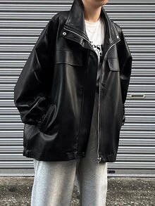FRIFUL Women's Solid Color Drop Shoulder Long Sleeve PU Leather Loose Casual Regular Jacket, Autumn Women Coats - Black - View 2