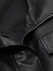 FRIFUL Women's Solid Color Drop Shoulder Long Sleeve PU Leather Loose Casual Regular Jacket, Autumn Women Coats - Black - View 7