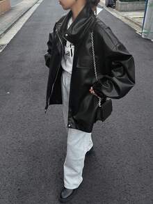 FRIFUL Women's Solid Color Drop Shoulder Long Sleeve PU Leather Loose Casual Regular Jacket, Autumn Women Coats - Black - View 6