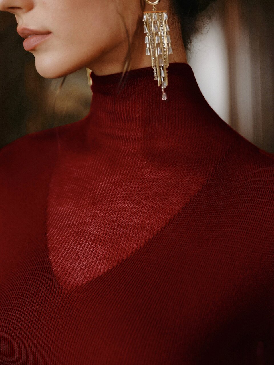 Elegante suéter de punto de cuello alto y ajustado de unicolor para mujer, otoño/invierno