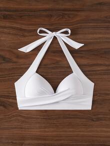 Voyashape Summer Beach Solid Color Halterneck Swimwear Top - White - View 7