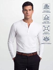 TekDrob Water Repellent And Double Anti-Odor Modal Henley T-Shirt With Long Sleeves - White - View 1