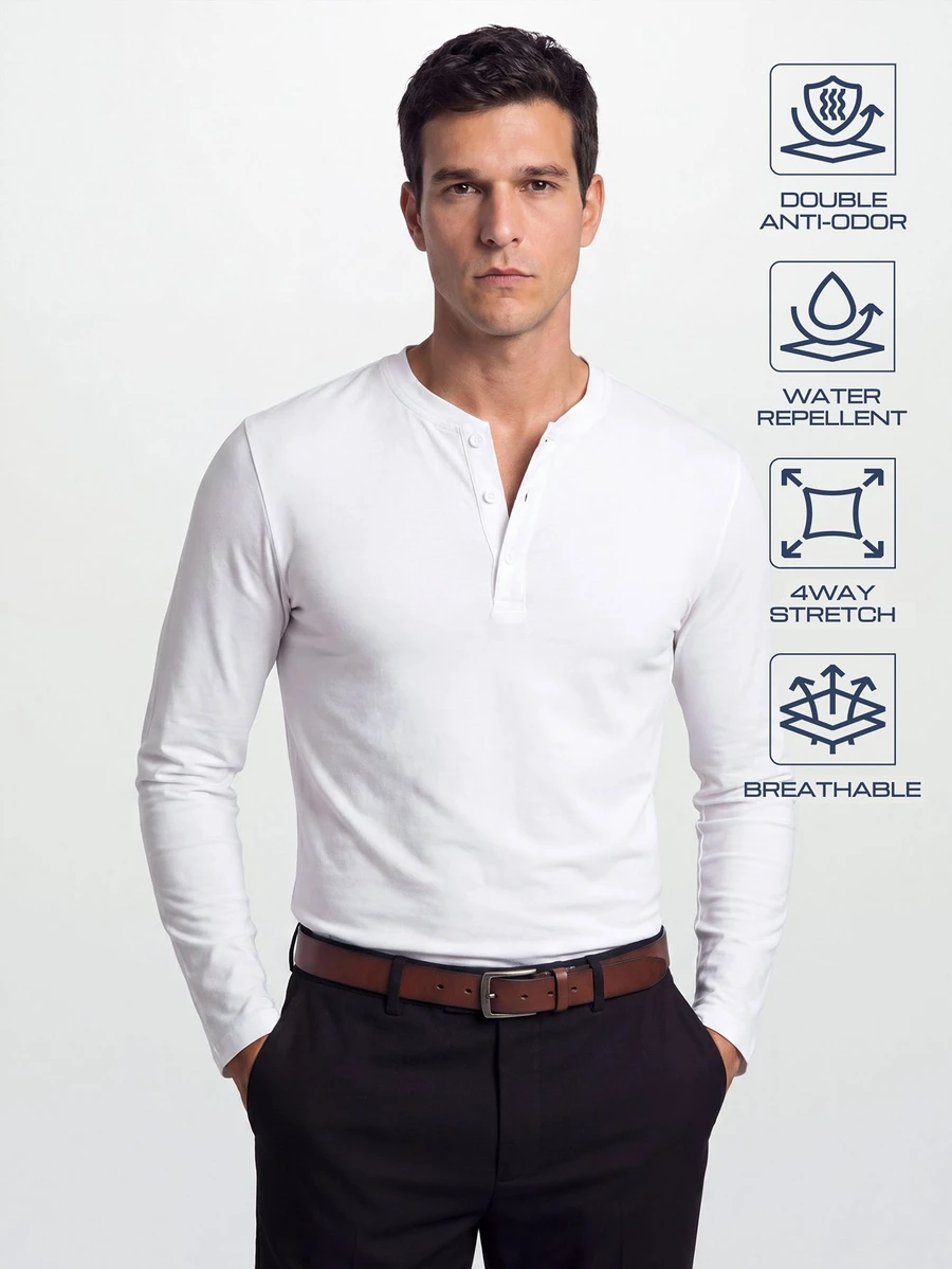 TekDrob Water Repellent And Double Anti-Odor Modal Henley T-Shirt With Long Sleeves - White - View 1