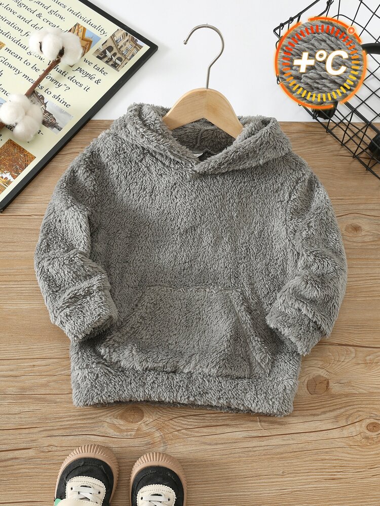 Bubblio Kids Boys' Casual Solid Color Versatile Hooded Pullover Knit Sweatshirt With Pockets And Double-Sided Fleece, Suitable For Autumn/Winter - Grey - View 3