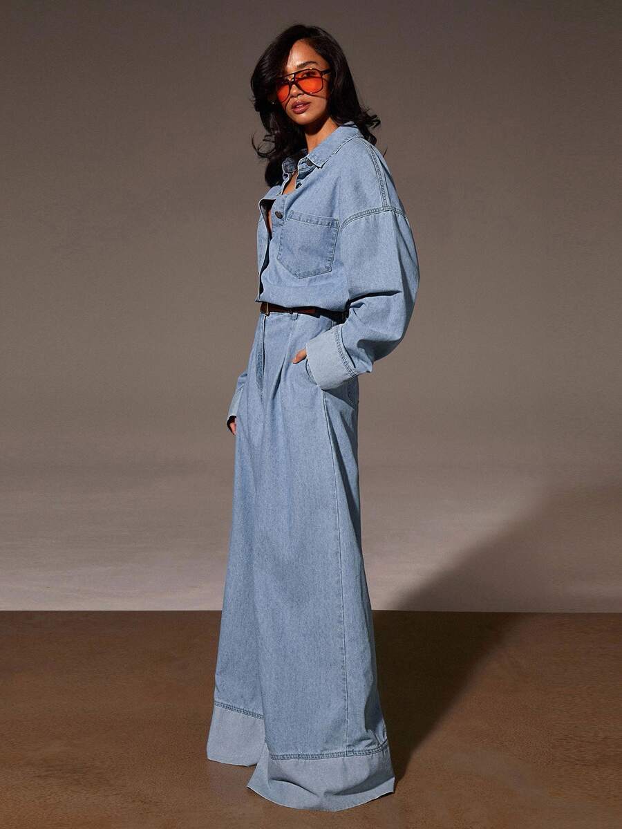 Athîral Denim 女式秋季落肩长袖单排扣口袋休闲牛仔连体裤 - 淺色水洗藍 - 查看 1