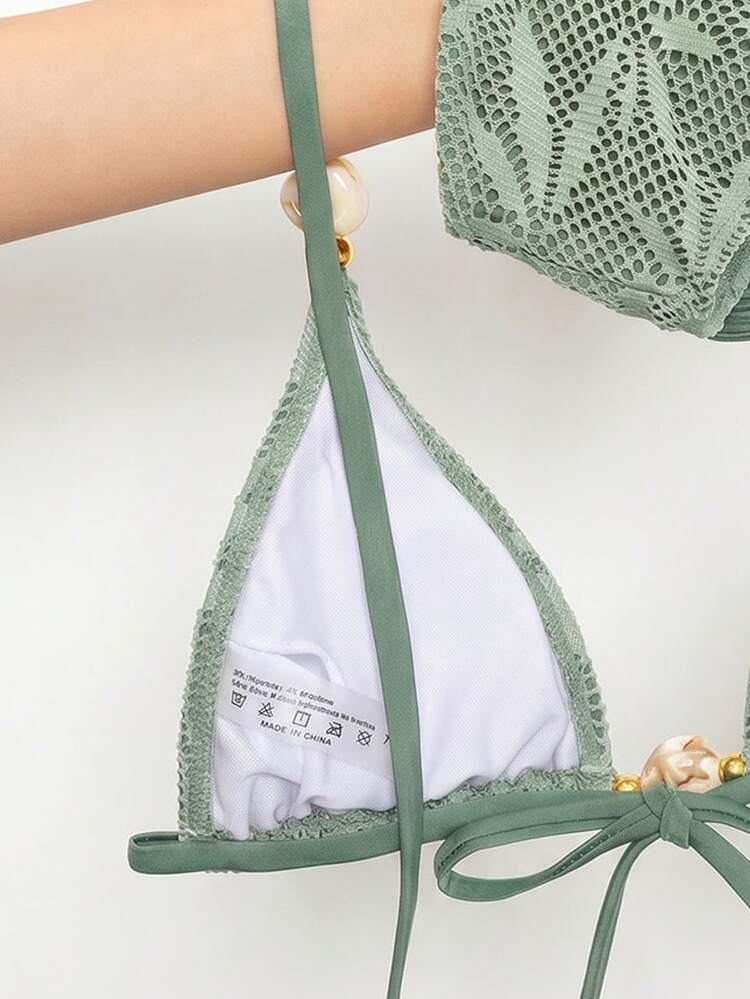 Bonvoyette Summer Spring/Summer New Sexy Bean Green Textured Jacquard Fabric Bikini Triangle Spaghetti Strap Sweet Girl Two-Piece Swimwear For Women Small Bust Push-Up Flattering Slimming Fashion Bikini With Unique Bead Accessories Triangle Top Beach Vacation Hot Spring Seaside Honeymoon Casual Holiday Swimwear Halfday Outfits Bikini - Green - View 6