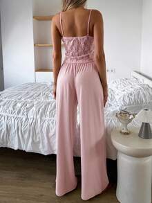 DAZY 2pcs Lace Cami Top & Solid Straight Leg Long Pajama Pants Set, Summer Women's Sleepwear Outfit - Pink - View 2