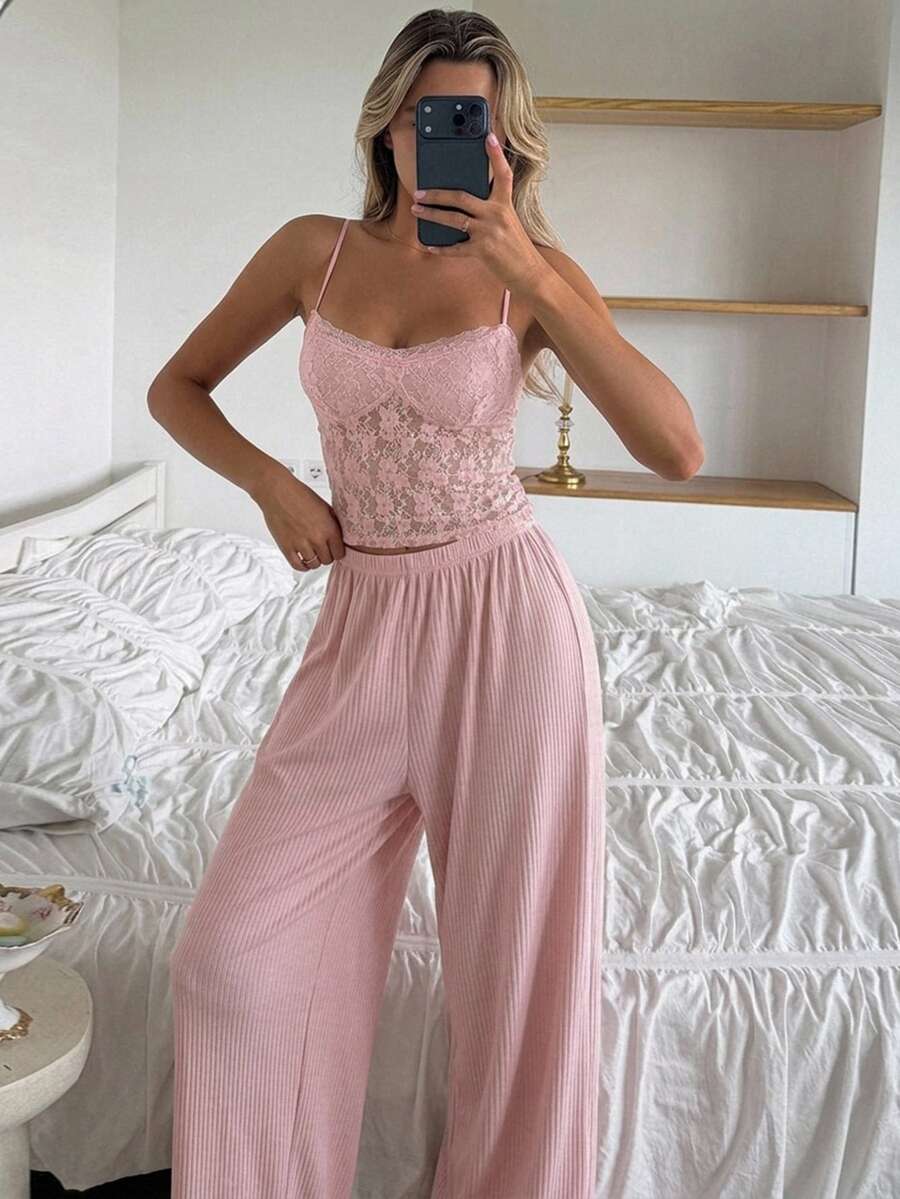 DAZY 2pcs Lace Cami Top & Solid Straight Leg Long Pajama Pants Set, Summer Women's Sleepwear Outfit - Pink - View 1