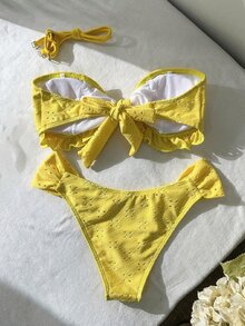 Swim Vcay Spring/Summer Solid Color Strap Jacquard Fabric Wireless Bow Decor Cute Beach Vacation Swimwear Set - Yellow - View 8