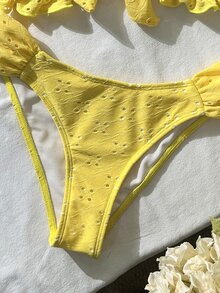 Swim Vcay Spring/Summer Solid Color Strap Jacquard Fabric Wireless Bow Decor Cute Beach Vacation Swimwear Set - Yellow - View 3
