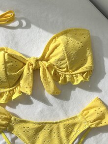 Swim Vcay Spring/Summer Solid Color Strap Jacquard Fabric Wireless Bow Decor Cute Beach Vacation Swimwear Set - Yellow - View 6