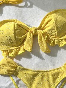 Swim Vcay Spring/Summer Solid Color Strap Jacquard Fabric Wireless Bow Decor Cute Beach Vacation Swimwear Set - Yellow - View 7