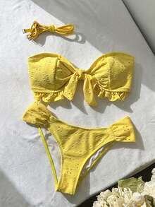 Swim Vcay Spring/Summer Solid Color Strap Jacquard Fabric Wireless Bow Decor Cute Beach Vacation Swimwear Set - Yellow - View 2