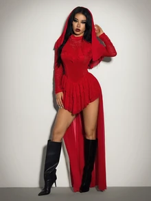 SHEIN ICON Women's Y2K Lace Stand Collar Long Sleeve Patchwork Ruffle Hem High-Low Hem Fashion Dress - Red - View 3