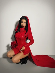 SHEIN ICON Women's Y2K Lace Stand Collar Long Sleeve Patchwork Ruffle Hem High-Low Hem Fashion Dress - Red - View 5