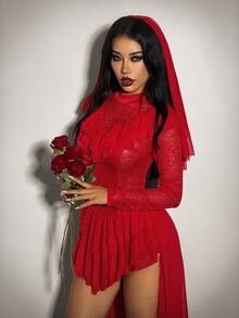 SHEIN ICON Women's Y2K Lace Stand Collar Long Sleeve Patchwork Ruffle Hem High-Low Hem Fashion Dress - Red - View 6