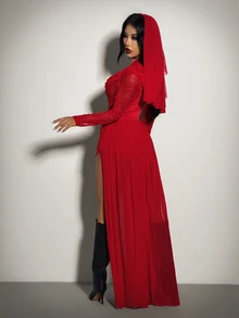 SHEIN ICON Women's Y2K Lace Stand Collar Long Sleeve Patchwork Ruffle Hem High-Low Hem Fashion Dress - Red - View 2