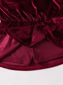 SHEIN 青少年女孩休閒優雅寬鬆掛脖無袖亮片天鵝絨派對畢業舞會聚會洋裝，優雅露背蝴蝶結雞尾酒洋裝，聖誕節、舒適秋冬風格，時尚 Y2K - 酒紅色 - 查看 4