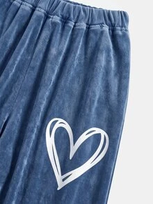 Teen Girls Heart Pattern Blue Knit Denim Loose T-Shirt & Pants 2pcs Set Fall Clothes Winter Casual - Blue - View 10