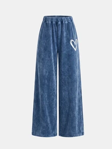 Teen Girls Heart Pattern Blue Knit Denim Loose T-Shirt & Pants 2pcs Set Fall Clothes Winter Casual - Blue - View 6
