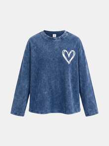 Teen Girls Heart Pattern Blue Knit Denim Loose T-Shirt & Pants 2pcs Set Fall Clothes Winter Casual - Blue - View 4