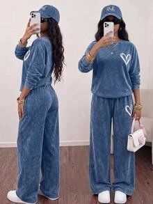 Teen Girls Heart Pattern Blue Knit Denim Loose T-Shirt & Pants 2pcs Set Fall Clothes Winter Casual - Blue - View 1