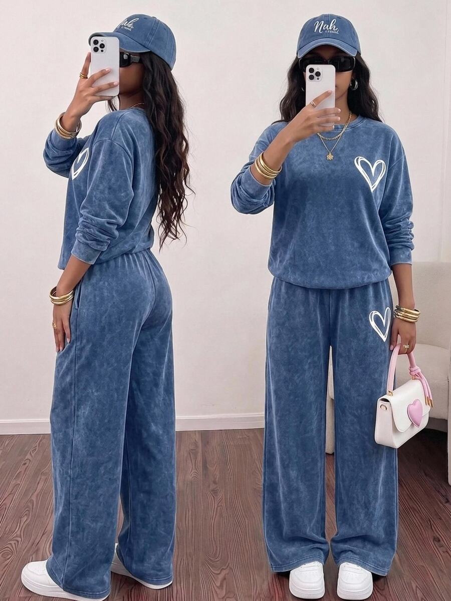 Teen Girls Heart Pattern Blue Knit Denim Loose T-Shirt & Pants 2pcs Set Fall Clothes Winter Casual - Blue - View 1
