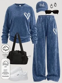 Teen Girls Heart Pattern Blue Knit Denim Loose T-Shirt & Pants 2pcs Set Fall Clothes Winter Casual - Blue - View 2
