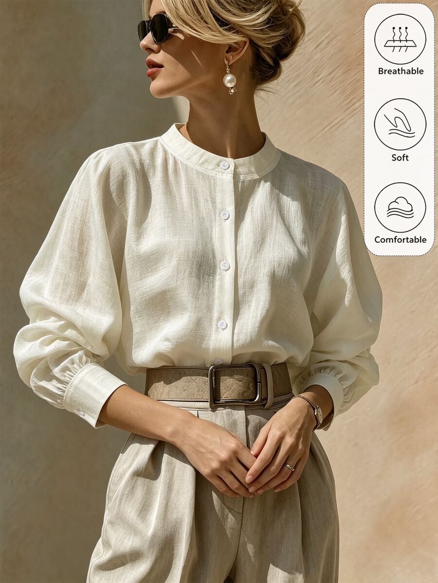 Balvessa Women's Autumn/Winter Beige Elegant Commute Versatile Stand Collar Open Front Blouse - White - View 1