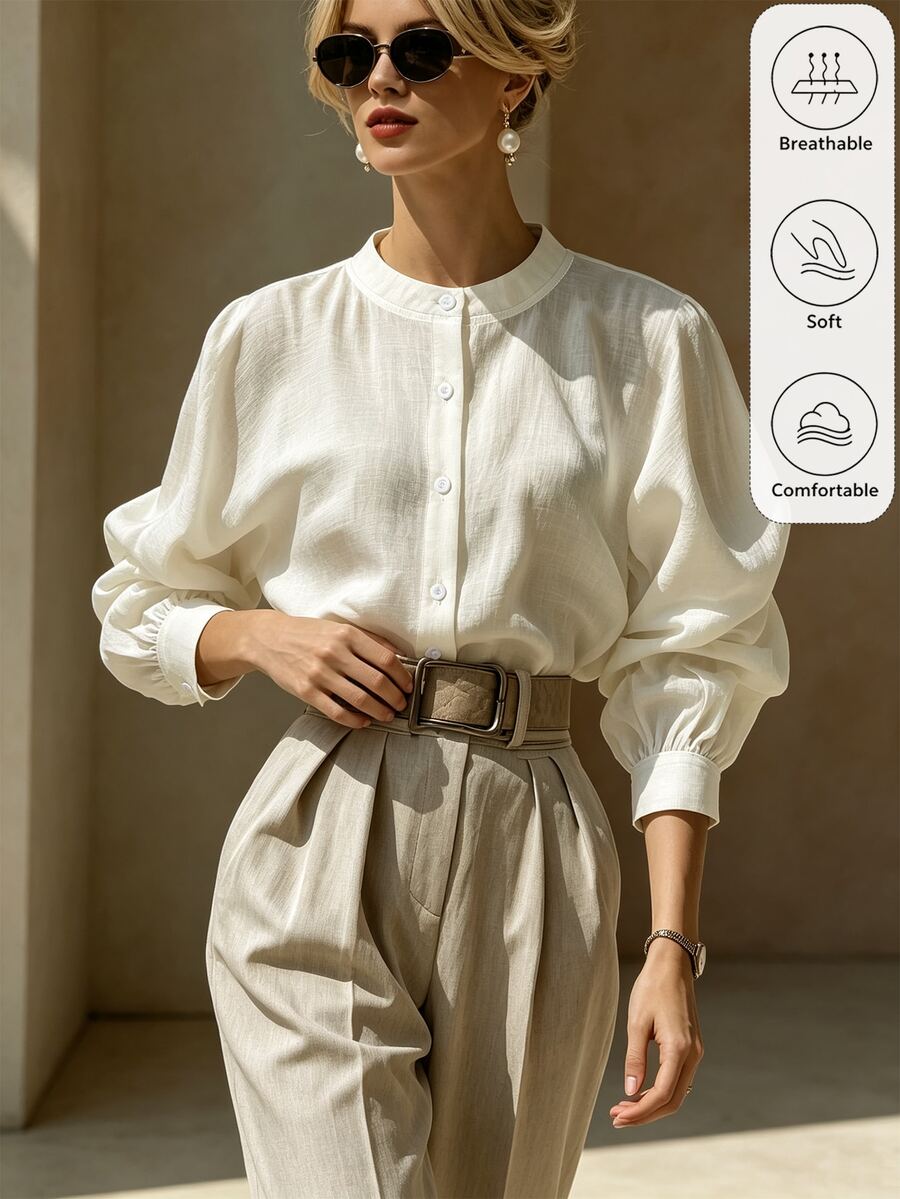 Balvessa Women's Autumn/Winter Beige Elegant Commute Versatile Stand Collar Open Front Blouse - White - View 1