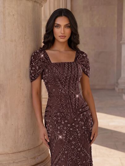 Coutiva Elegant Formal Beaded Rhinestone Mermaid Dress,Sequin Evening Gown Cocktail Wedding Guest,Graduation Ceremony,Mother Of Bride Marrom Winter